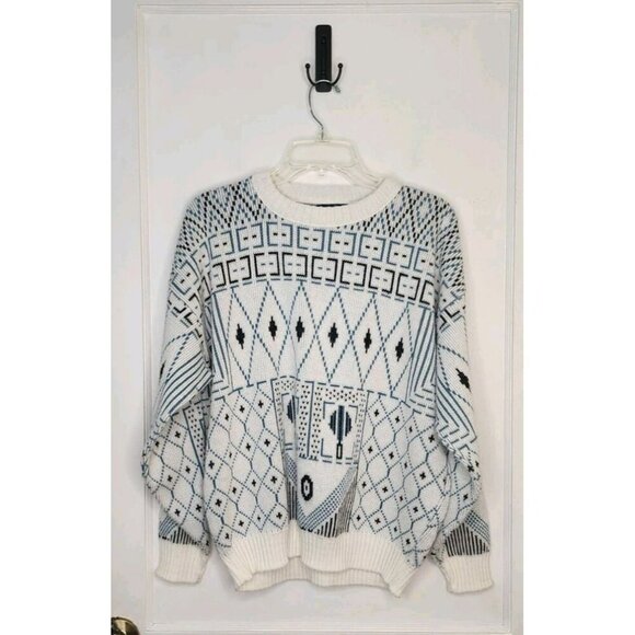 Aspetuck Trading Co Men's White Blue Geometric Sweater 100% Acrylic Sz Large USA - Picture 1 of 5